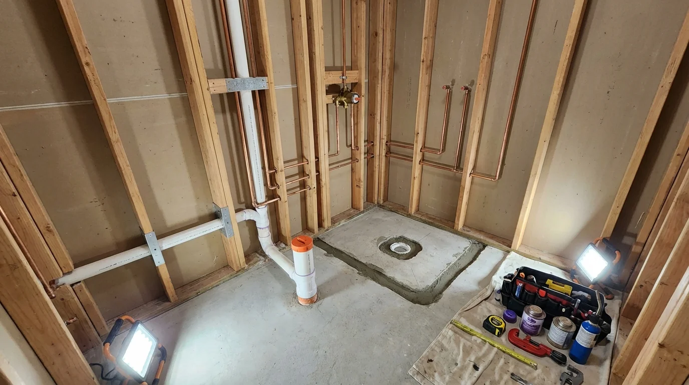 Bathroom rough-in plumbing during remodel by Johns Plumbing LLC in Taylors