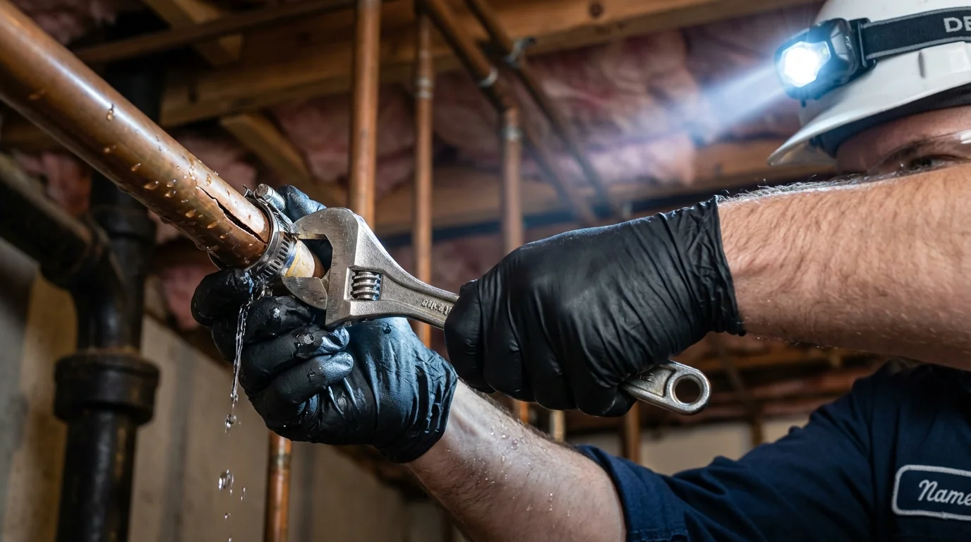 Emergency pipe clamp repair being performed by a Johns Plumbing LLC plumber in Taylors